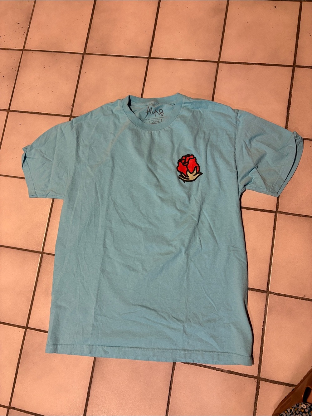 Light Blue Short-Sleeve Tee with Red Rose Chest Patch